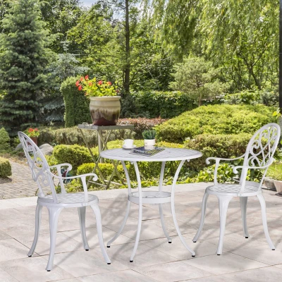 Outsunny 3PC Garden Bistro Set Aluminium Table & Chairs White