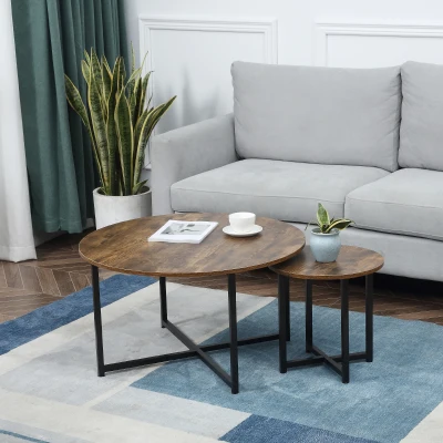 HOMCOM Round Coffee Table Set of 2 Rustic Brown Metal Frame