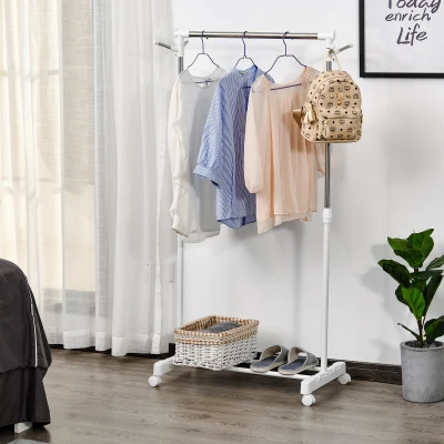 HOMCOM Portant Vêtements Acier avec Support Chaussures Argent Blanc