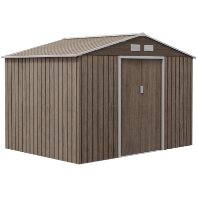 Outsunny Capanno per Attrezzi in Acciaio con 4 Prese d'Aria e 2 Porte Scorrevoli, 277x195x192 cm, Marrone Chiaro
