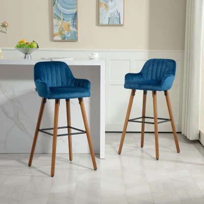 HOMCOM Set 2 Sgabelli Bar con Schienale e Braccioli Velluto Blu