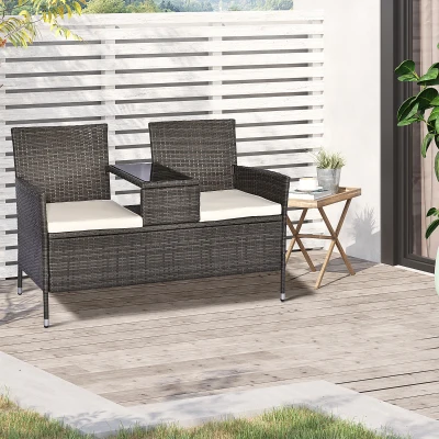Outsunny Banc Jardin Résine Tressée Grise Coussins Crème 133x63x84cm