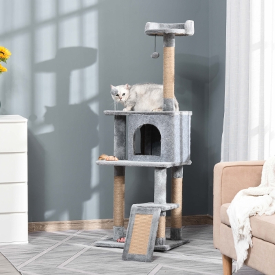 PawHut Cat Tree Tower 142cm Activity Centre with Scratching Post Grey