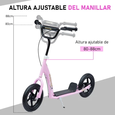 HOMCOM Patinete para Niños de 5-12 Años Scooter de 2 Ruedas Grandes de 12 Pulgadas con Freno y Manillar Ajustable en Altura Carga Máx. 50 kg 120x52x80-88 cm Rosa(m-5)