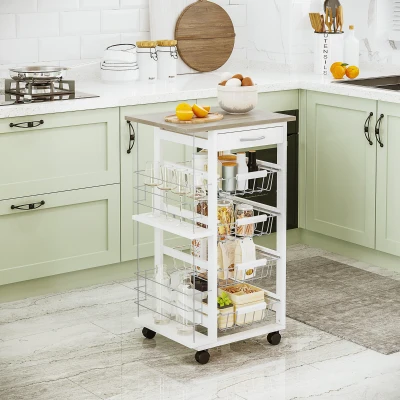 HOMCOM Rolling Kitchen Cart with 4 Baskets Natural/White