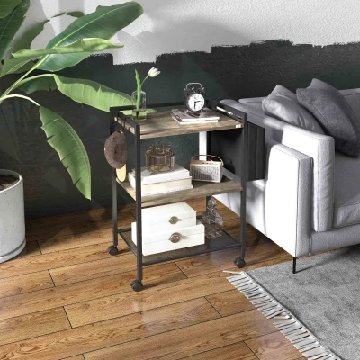 HOMCOM Carrito Auxiliar con Ruedas de 3 Niveles con Bolsa de Tela y 2 Ganchos para Salón Cocina Comedor 66x40x80,5 cm Gris