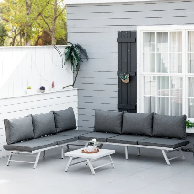 Outsunny 6-Seater Corner Sofa Set with Metal Table Grey