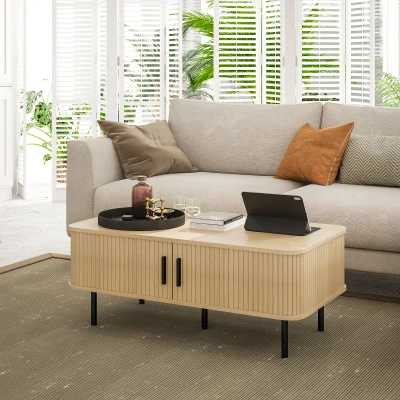 HOMCOM Mesa de Centro para Sala de Estar Mesa Auxiliar com 2 Portas de Correr 2 Compartimentos e Pés de Aço 100x55x40 cm Carvalho