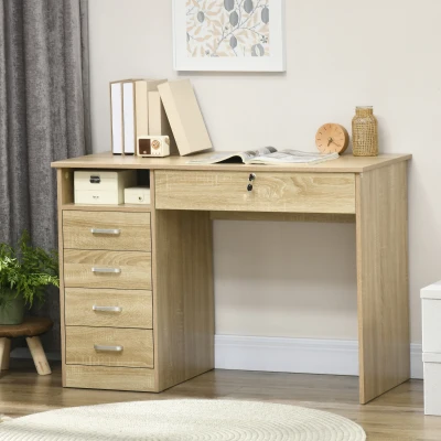 HOMCOM Computer Desk Oak with Lockable Drawer 110x50cm