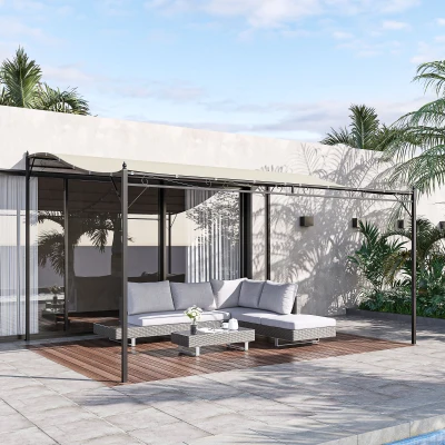 Outsunny  Cenador de Jardín 4x3 m Pérgola Montado en Pared con Toldo y 16 Orificios de Drenaje Marco de Metal y Poliéster 180 g/m² para Patio Terraza Crema