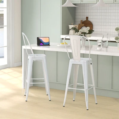HOMCOM Set 2 Sgabelli da Bar Impilabili in Metallo Bianco