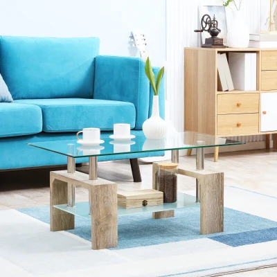 HOMCOM Mesa de Centro Rectangular de Vidrio con Estante Patas de Madera Estilo Moderno 90x50x42 cm Madera Natural