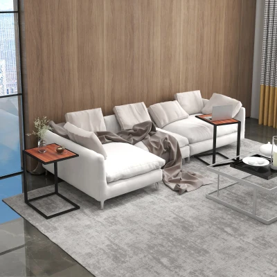 HOMCOM C-Shaped Sofa End Table Set of 2 Walnut & Black