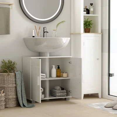 kleankin Sous Lavabo Salle Bain 2 Portes MDF Blanc