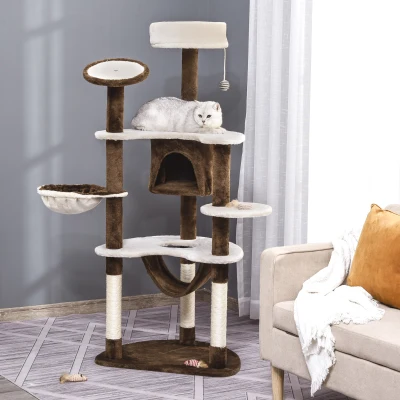PawHut Torre para Gatos Grande 65x50x153 cm con Múltiples Plataforma Poste Hamaca Bolas de Juguete y Cueva  Marrón