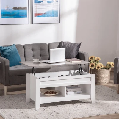 HOMCOM Table Basse Relevable Bois Blanc avec Rangement 105cm