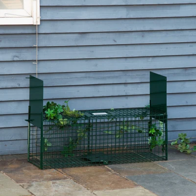Outsunny Trampa para Animales Vivos con 2 Puertas Jaula de Captura Metálica con Asa para Conejos Visones Zorros Pequeños 80x25x30 cm Verde Oscuro