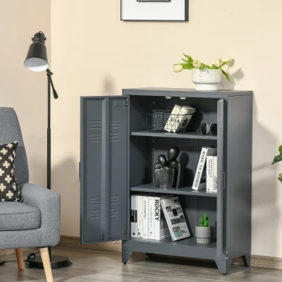 HOMCOM Armoire Bureau Métal Gris Style Industriel 2 Étagères
