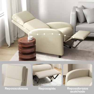 HOMCOM Sillón Relax Reclinable hasta 160° Sofá Reclinable Moderno con Reposapiés Soporta hasta 120 kg 64x86x102 cm Crema(m-8)