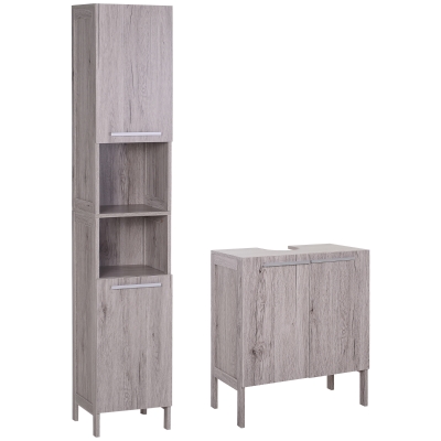 kleankin Colonne+Meuble SDB Bois Gris Compact Multi-rangement
