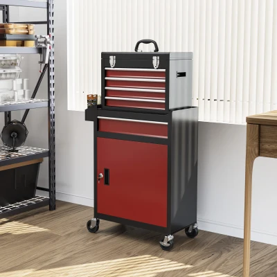 HOMCOM Armoire à Outils Rouge 5 Tiroirs Verrouillable sur Roulettes