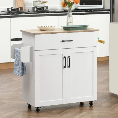 HOMCOM Carro de Cocina con 1 Cajón 2 Puertas Barra de Colgar y Especiero Carrito Auxiliar con Ruedas 105x36x85 cm Blanco