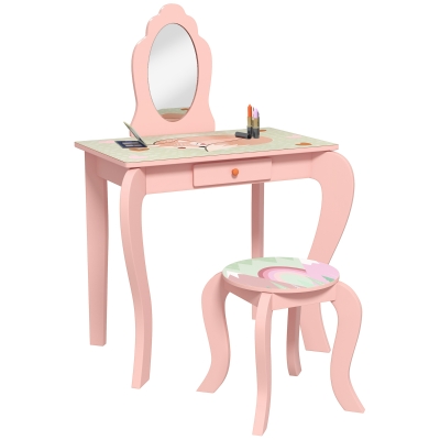 ZONEKIZ Kids Dressing Table Pink with Mirror & Stool