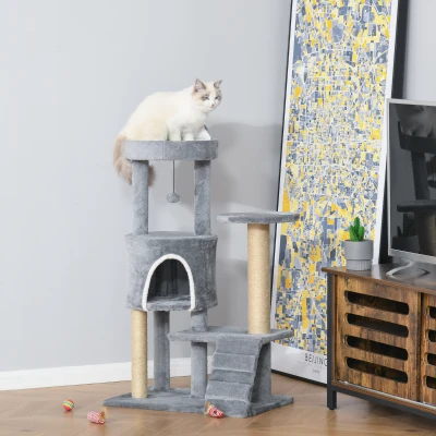 PawHut Albero Tiragraffi per Gatti con Trespolo e Casetta Grigio