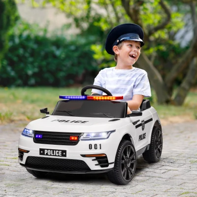 AIYAPLAY Coche Eléctrico Infantil de Policía con Batería 12V Mando a Distancia Faros Bocina Sirena Música Blanco