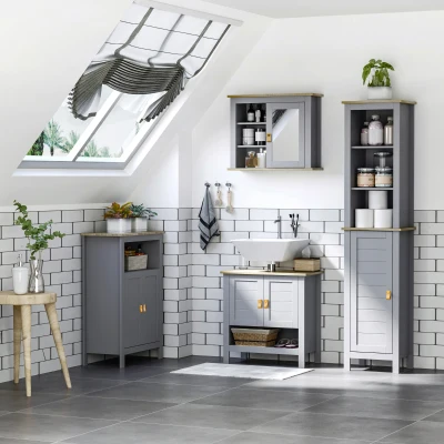 kleankin Armario Alto de Baño Moderno Mueble Columna de Baño con 1 Puerta Estante Ajustable y 3 Compartimentos 39x30x168 cm Gris