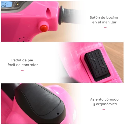 HOMCOM Moto Eléctrica Vespa para Niños de 18-36 Meses Moto de Batería 6V con Faro Bocina y 4 Ruedas 66,5x38x52 cm Rosa(m-7)