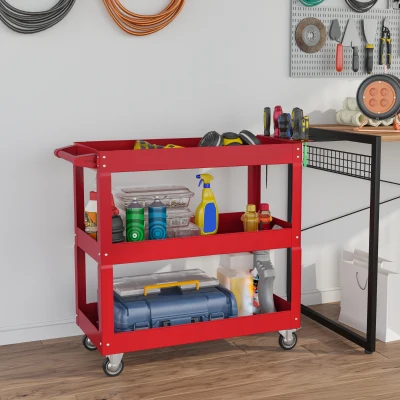 DURHAND Carro de Taller de Acero con 3 Estantes de Almacenamiento y Asa Lateral Carga 150 kg 83x35,3x76 cm Rojo