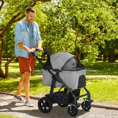 PawHut Dog Pram Foldable Pet Stroller Grey with Carrier Bag