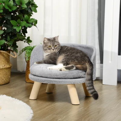 PawHut Divano per Gatti Rotondo in Peluche e Legno con Cuscino