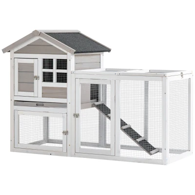 PawHut Clapier cage à lapins cottage – niche supérieure avec rampe et enclos extérieur – plateau coulissant, toit