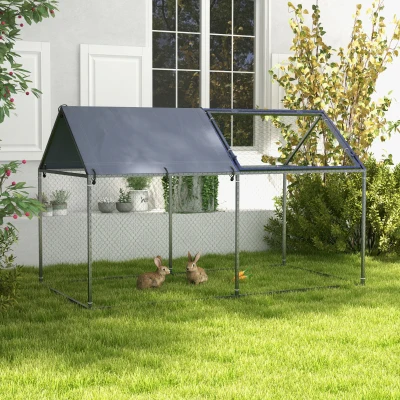 PawHut Parque para Mascotas de Acero con 1 Puerta Superior y 1 Tela Superior de Anti-UV para Exterior 198x100x120 cm Plata