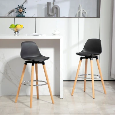 HOMCOM Juego de 2 Taburetes Altos de Cocina 69 cm Tapizado en PU con Respaldo Patas de Madera para Comedor Negro