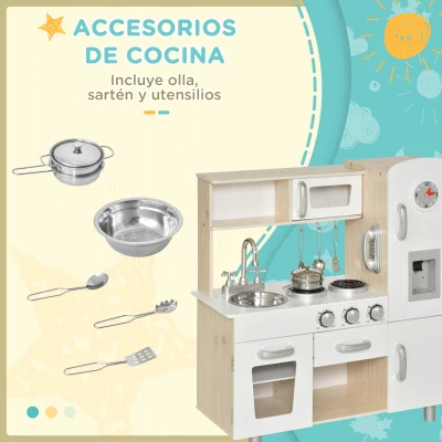 HOMCOM Cocina de Juguete de Madera con Fregadero Cocina de Inducción y Microondas Simulados con Accesorios Incluidos Cocina Infantil para +3 Años 74x30x81 cm Blanco(m-6)