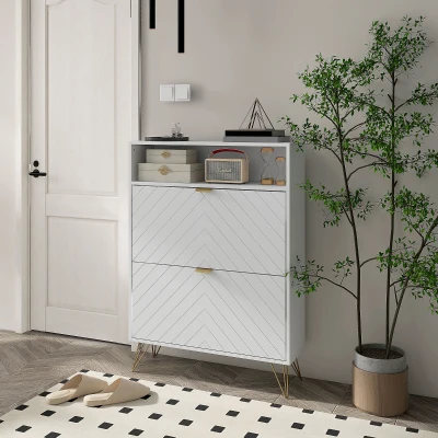 HOMCOM Shoe Storage Cabinet White with Gold Accents