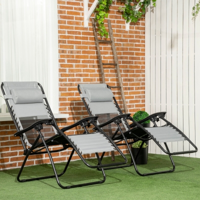 Outsunny Garden Recliner Chairs Set of 2 with Footstool Grey