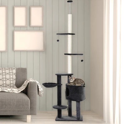 PawHut Arbre à chat poteau à griffer hauteur réglable dim. 55L x 45l x 240-260H cm 7 niveaux d'activités variées gris foncé