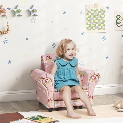 AIYAPLAY Kids Sofa Set Unicorn Design Wooden Frame Pink