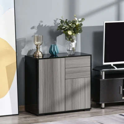 HOMCOM High Gloss Sideboard Cabinet 2 Drawer Light Grey/Black