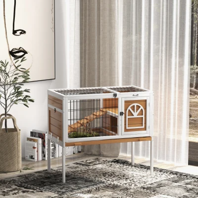 PawHut Wooden Rabbit Hutch with Removable Tray, Openable Roof