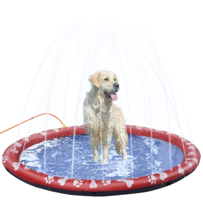 PawHut Tapete de Juegos de Agua Redondo Ø170 cm con Bonito Estampado y Superficie Antideslizante para Perros Rojo y Azul