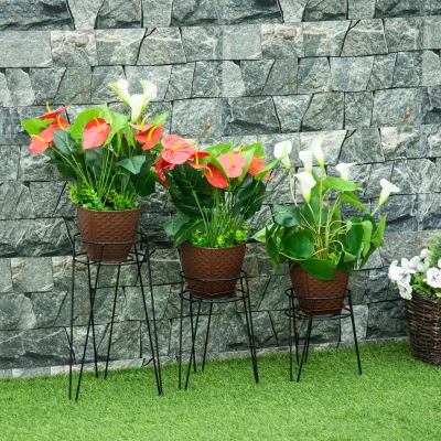 Outsunny Lot 3 Supports Plantes Métal Noir Moderne