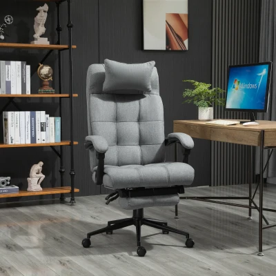 Vinsetto Fauteuil de bureau chaise de travail dossier hauteur réglable pivotant 360° repose-pied appui-tête lin rembourrage mousse 66l x 76P x 112-120H cm gris clair noir