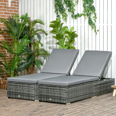 Outsunny Rattan Sun Loungers Set of 2 with Cushion Grey