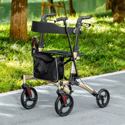 HOMCOM 4-Wheeled Rollator Aluminium Gold with Seat & Bag