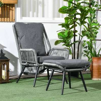 Outsunny Rattan Armchair & Footstool Set with Cushions - Grey